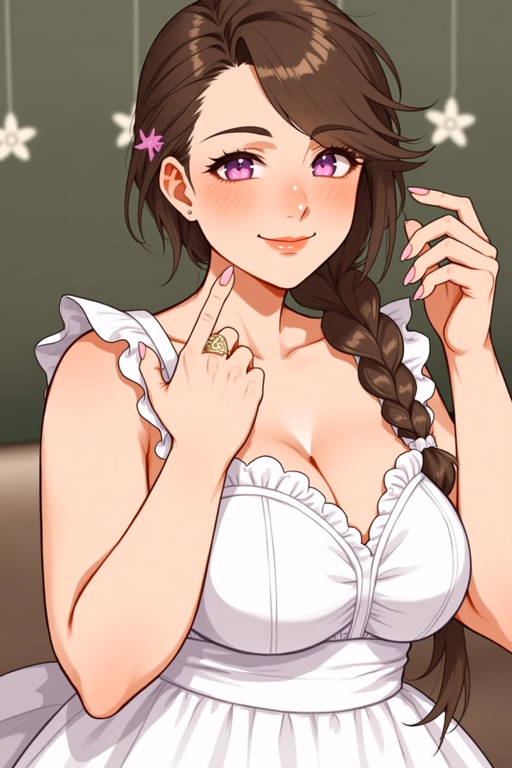 Character image - seductive smile, sitting, wearing white dress with ruffled straps, breasts exposed, one hand touchin