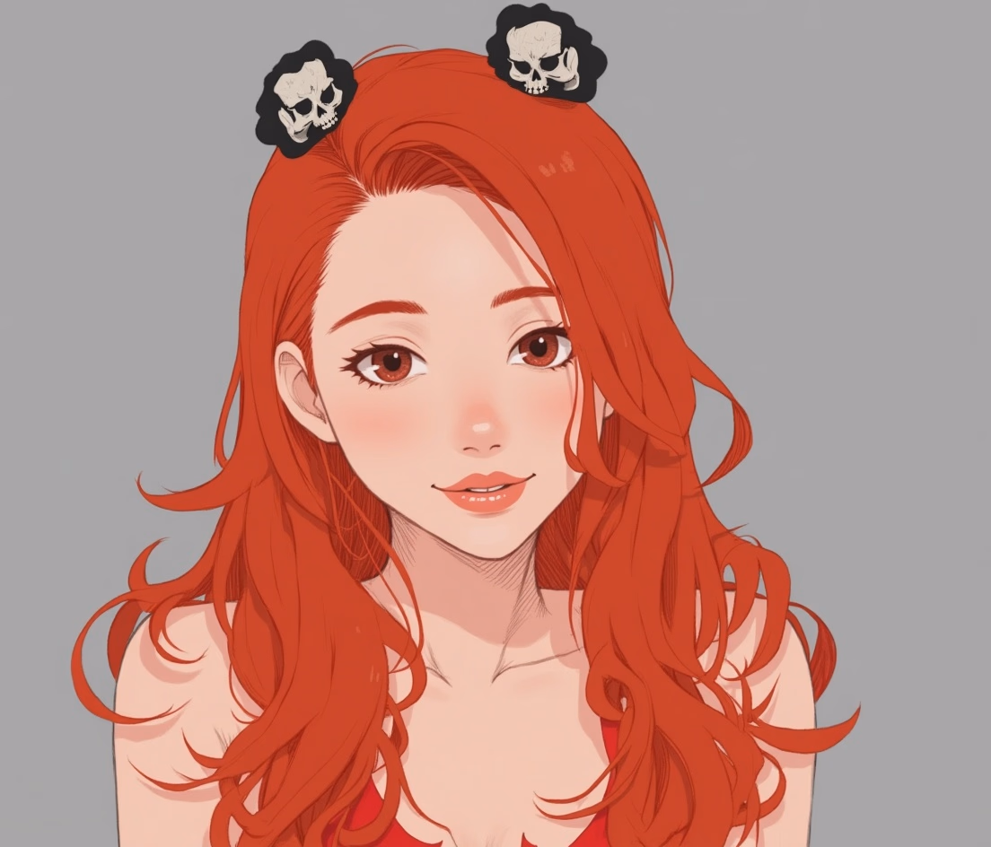 Character image - happy expression, red hair with skull hair clips, wearing red top, no other clothing visible, no exp